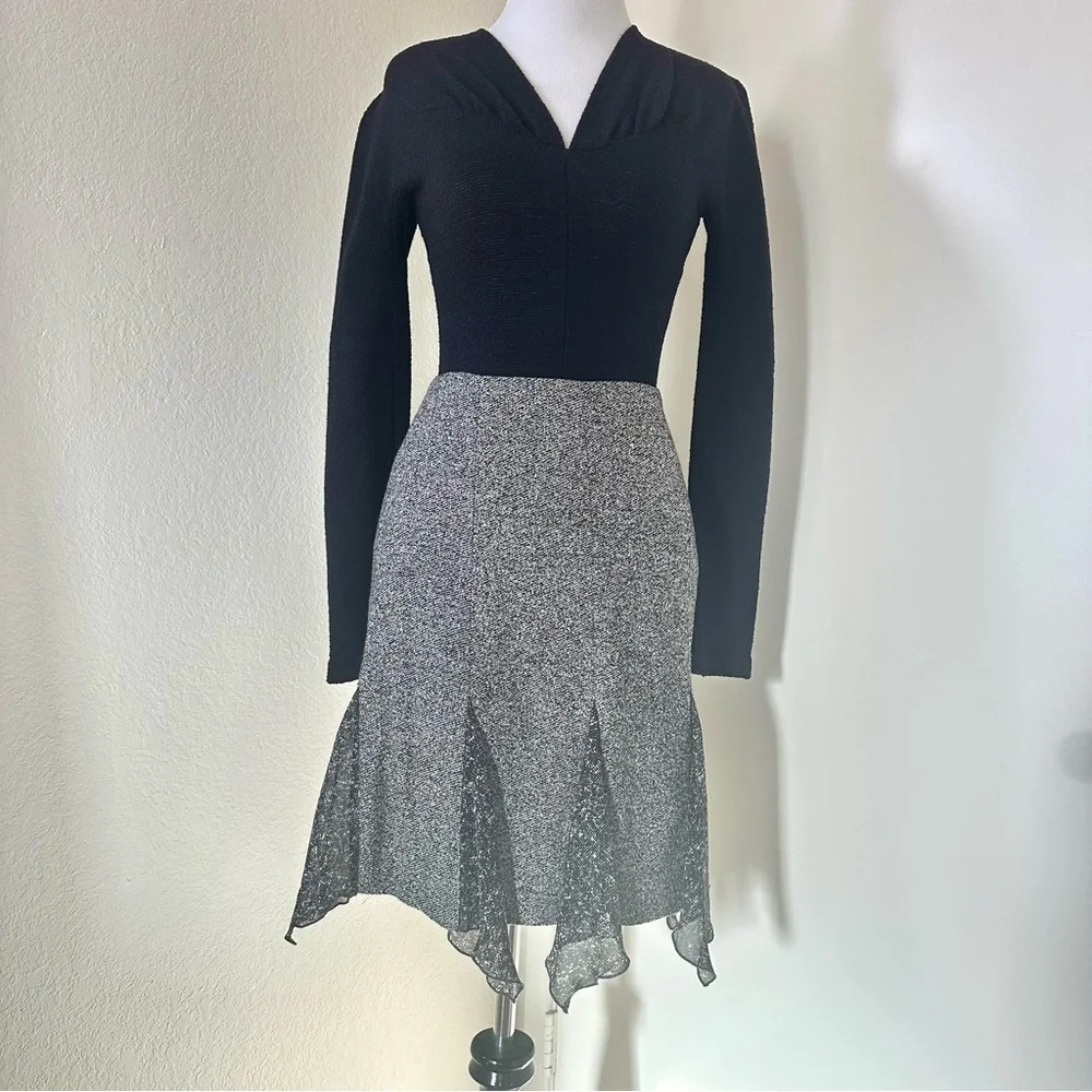 Escada Women's Silk Cashmere Black Grey Tweed Handkerchief Skirt 34/4 - Picture 10 of 11